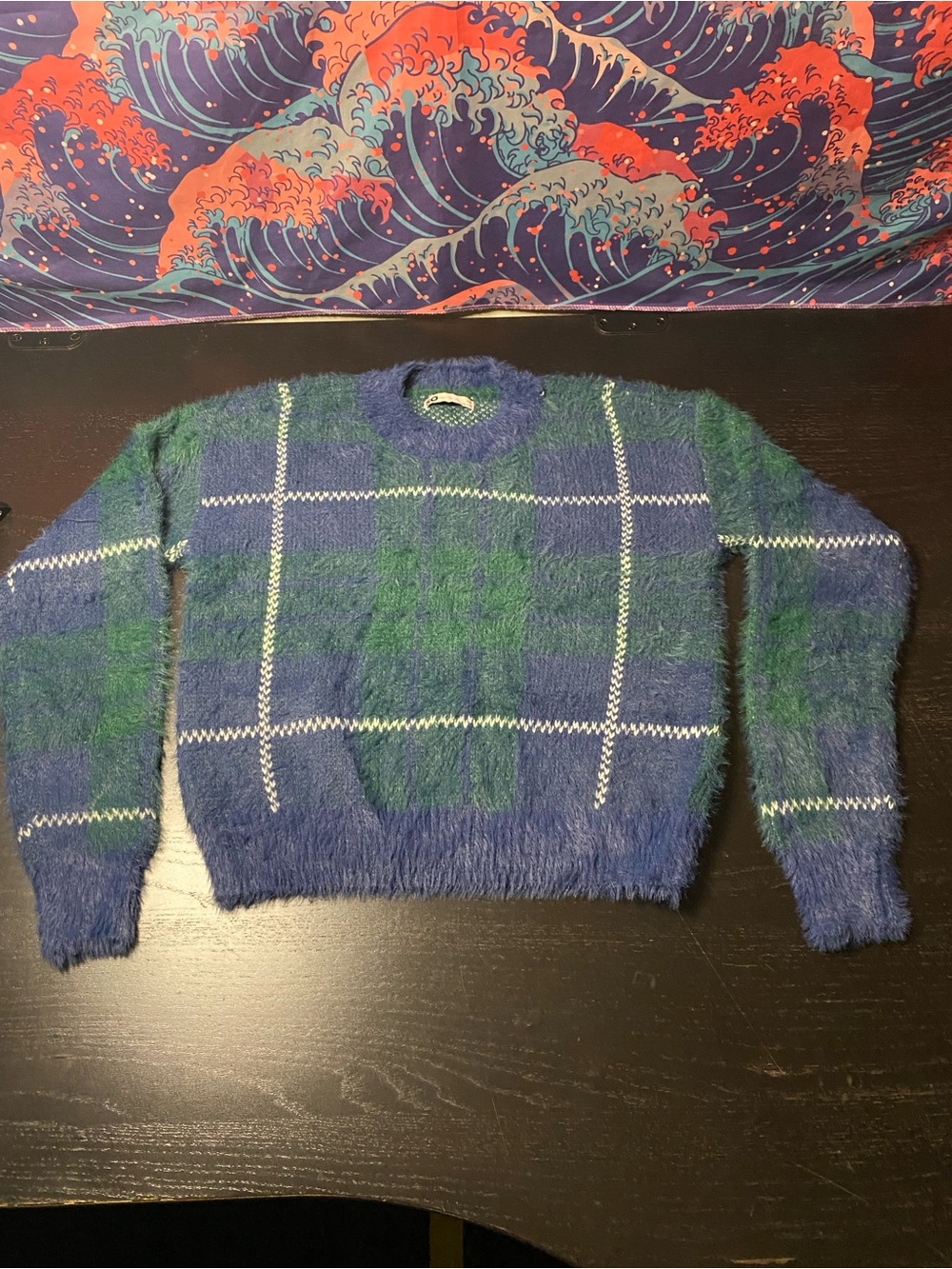 Blue & Green Plaid Fuzzy Crewneck Sweater